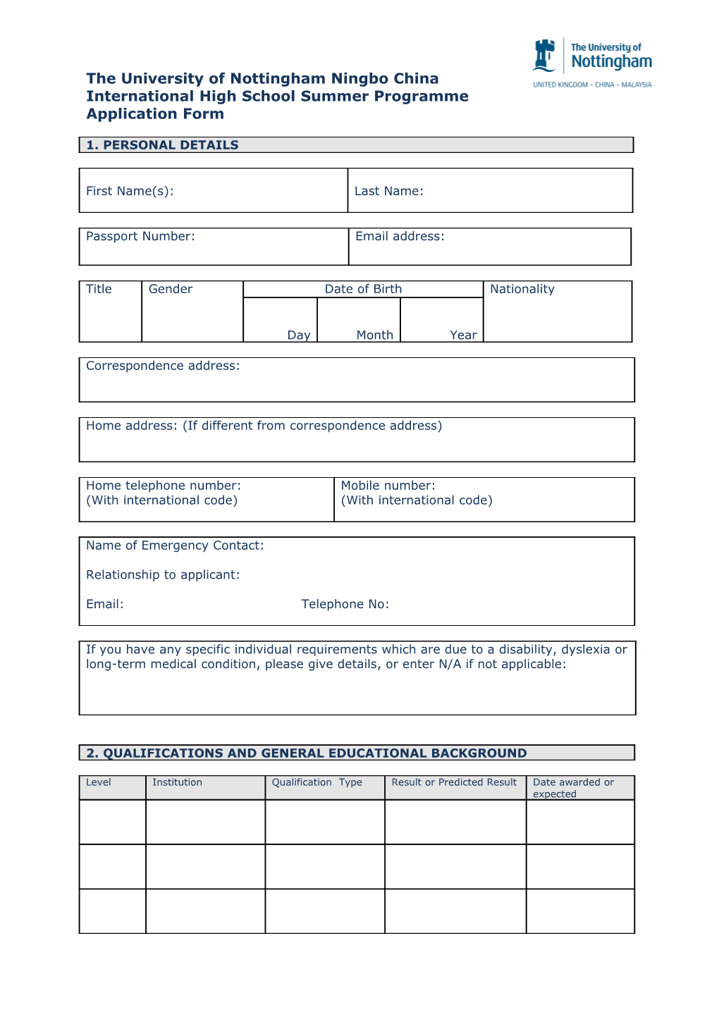 International High School Summer Programme Application Form