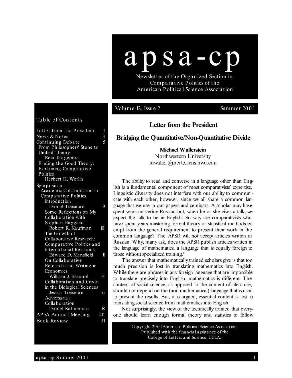 Apsa-Cp Newsletter of the Organized Section in Comparative Politics of the American Political Science Association