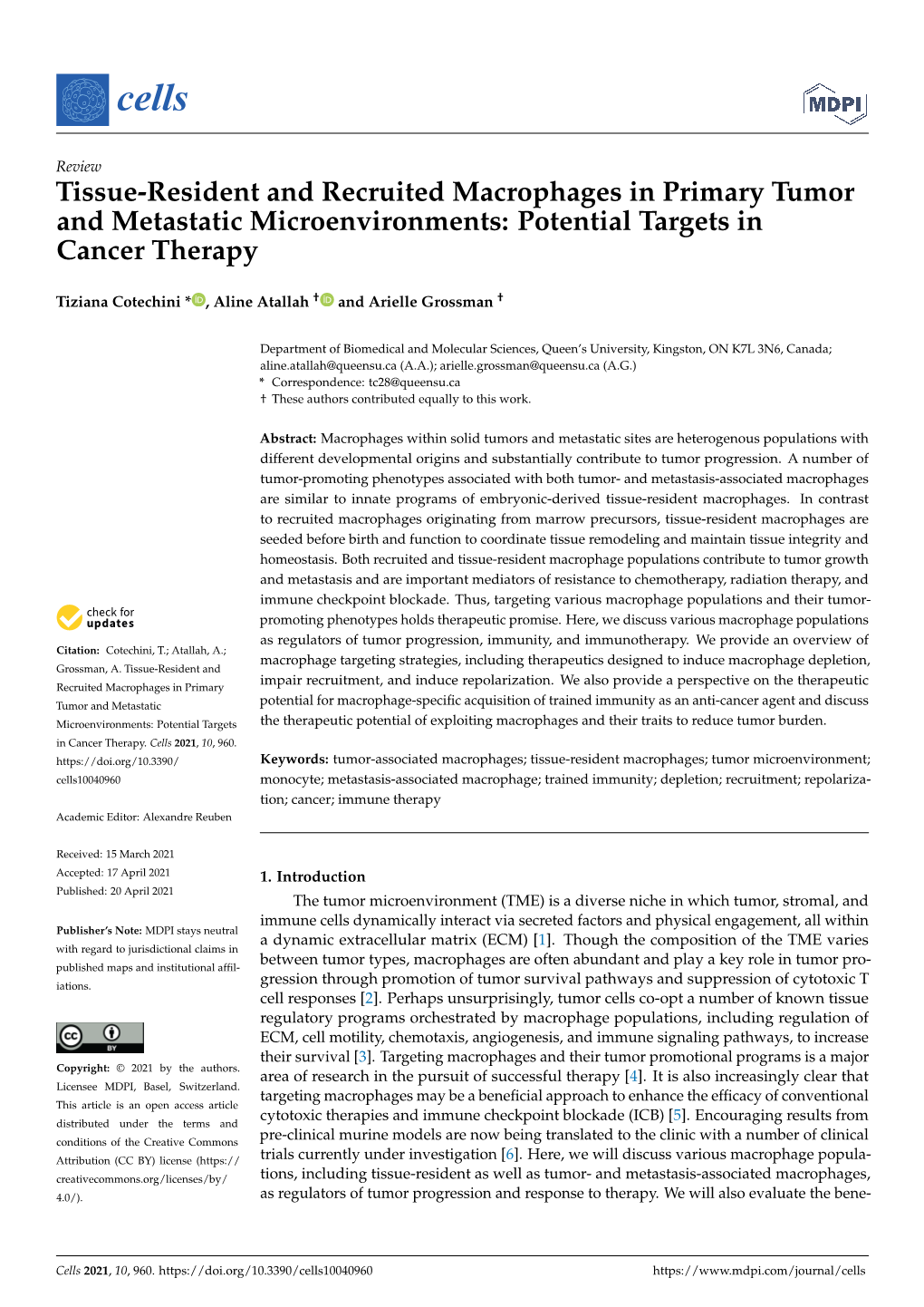 Tissue-Resident and Recruited Macrophages in Primary Tumor and Metastatic Microenvironments: Potential Targets in Cancer Therapy