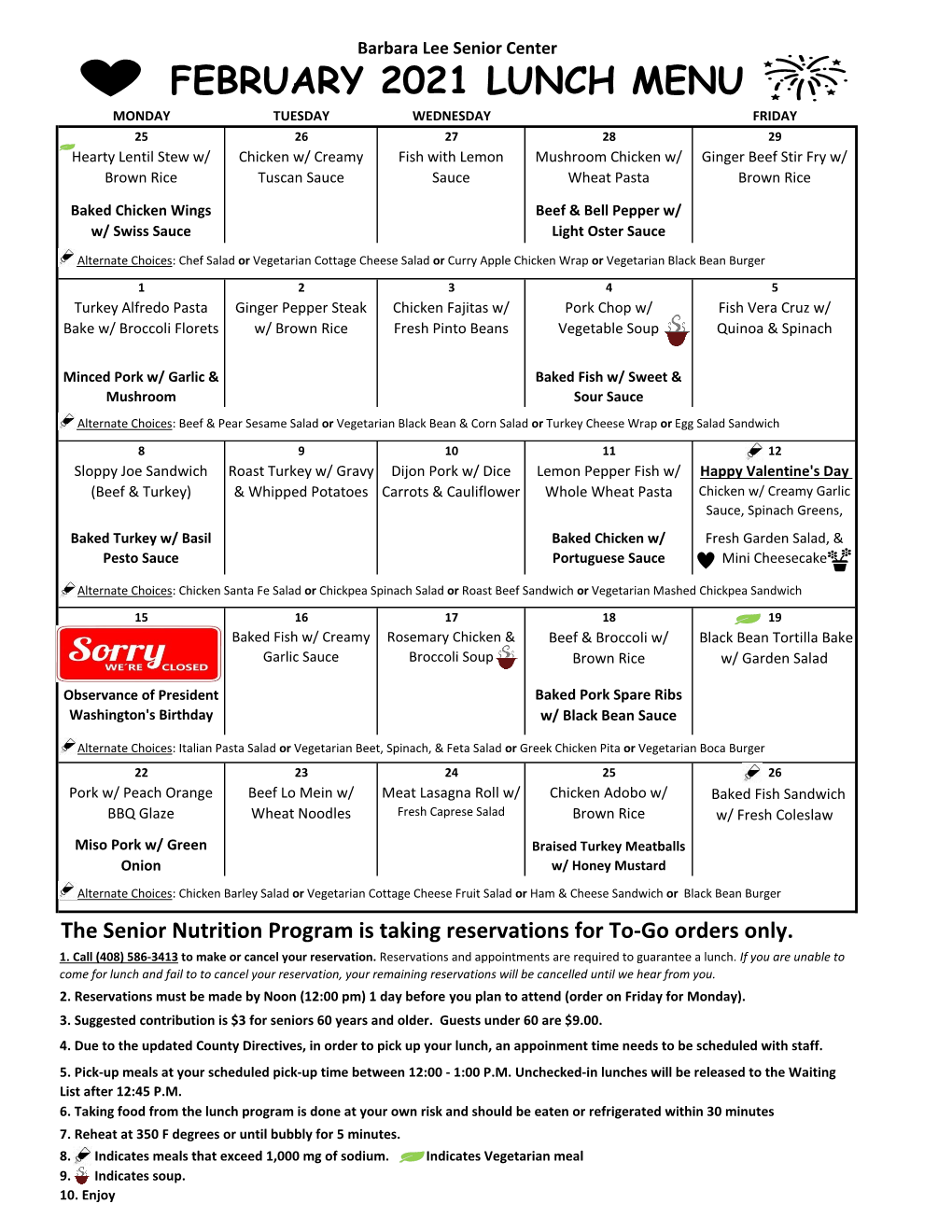 February 2021 Lunch Menu