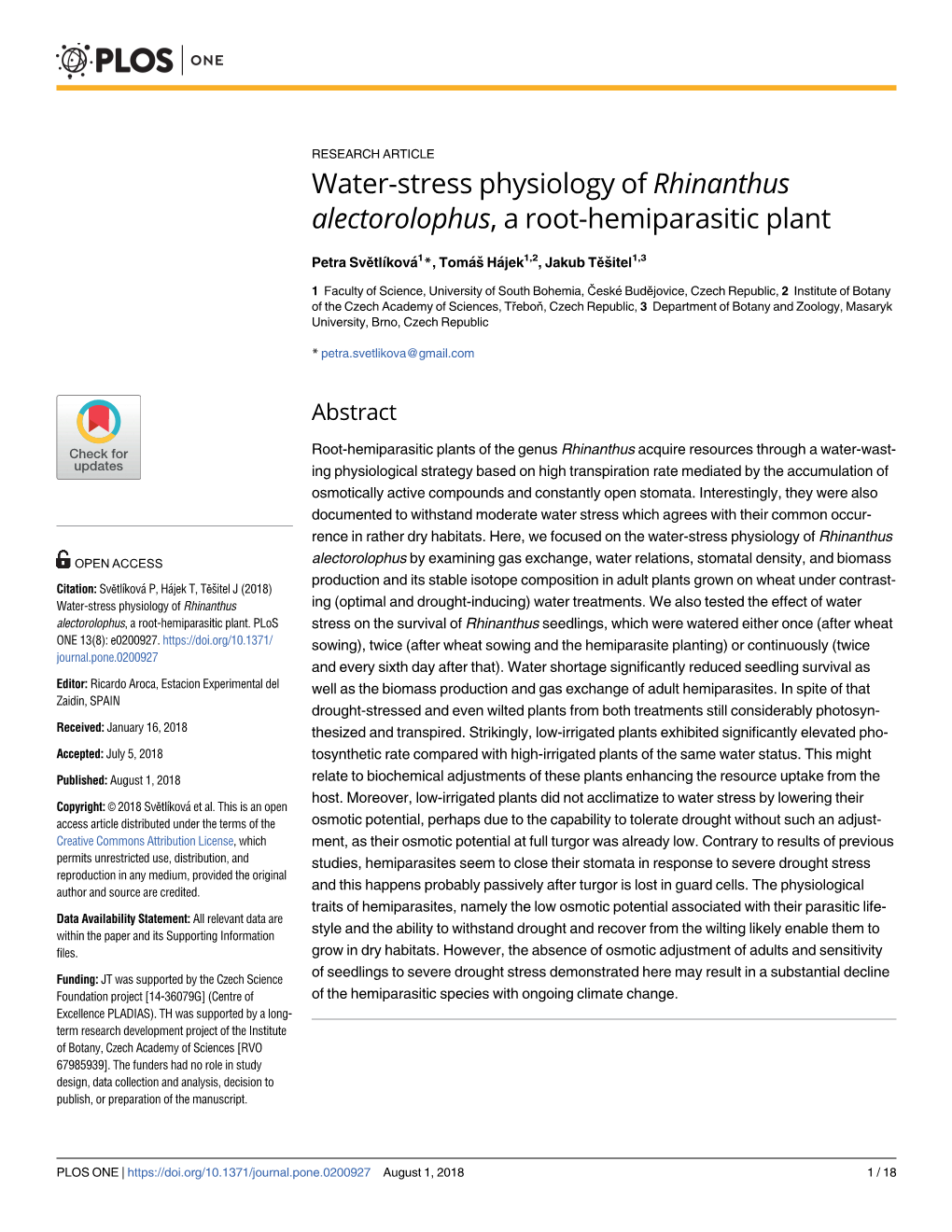 Water-Stress Physiology of Rhinanthus Alectorolophus, a Root-Hemiparasitic Plant