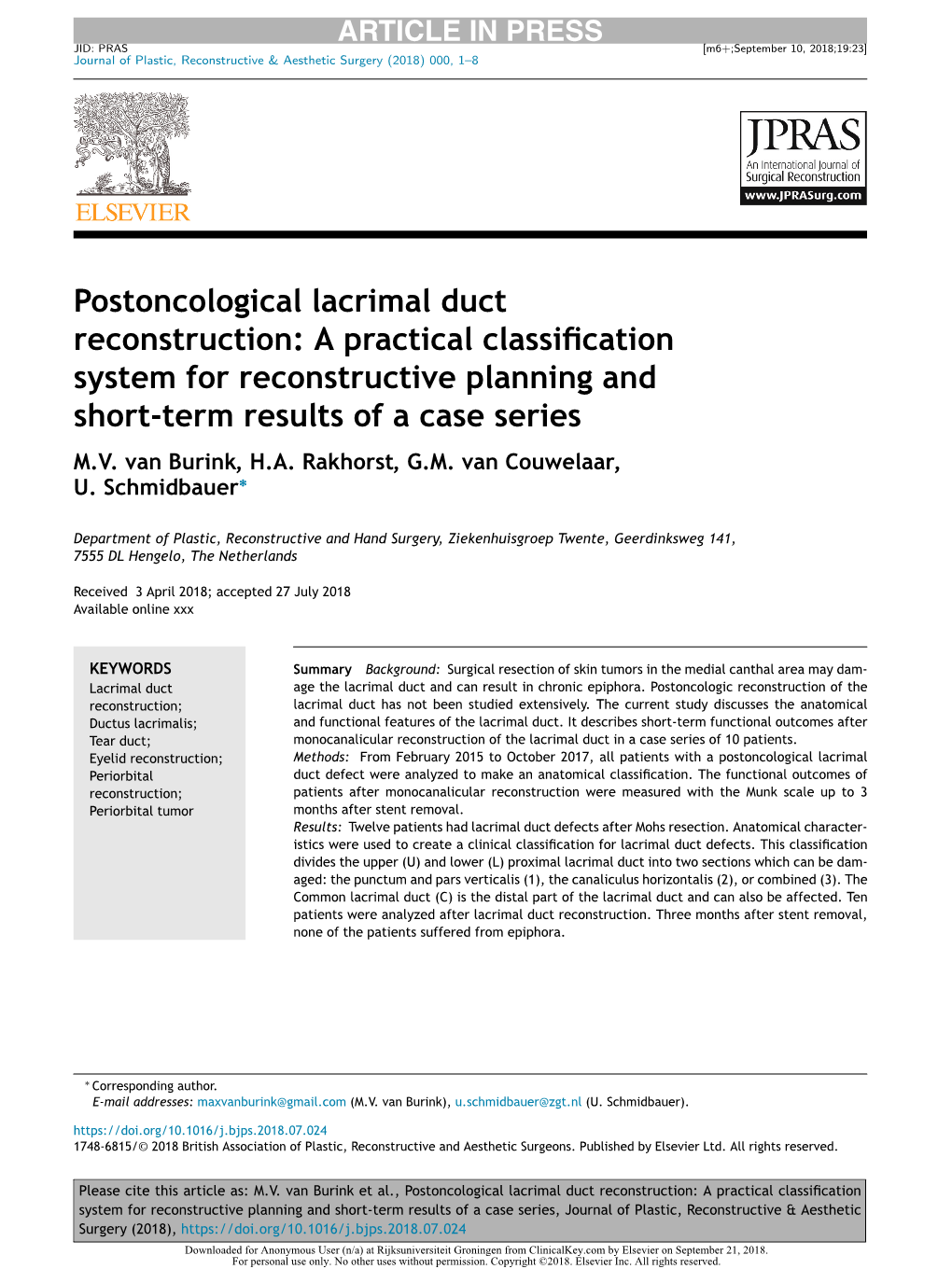 Postoncological Lacrimal Duct Reconstruction: a Practical Classiﬁcation System for Reconstructive Planning and Short-Term Results of a Case Series