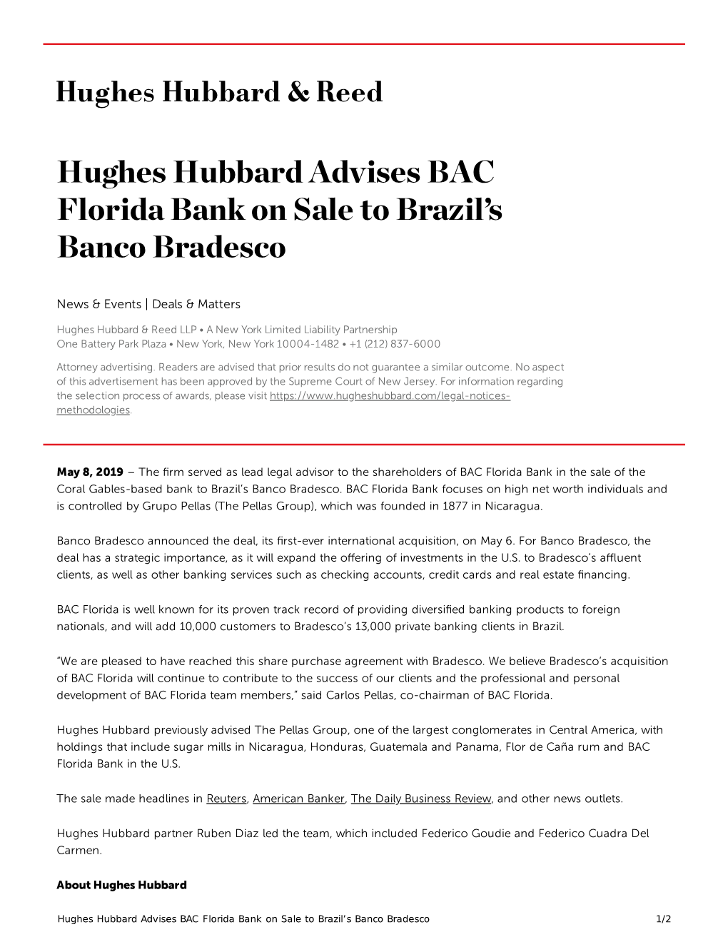 Hughes Hubbard Advises BAC Florida Bank on Sale to Brazil's Banco