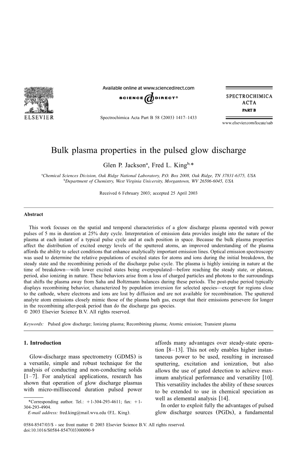 Bulk Plasma Properties in the Pulsed Glow Discharge