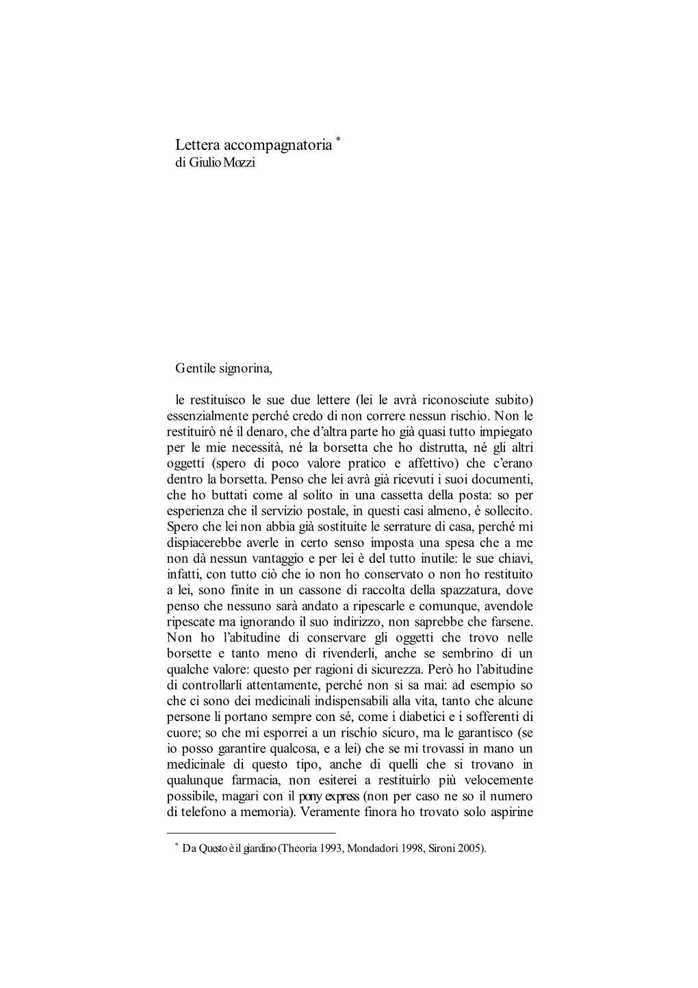 Lettera Accompagnatoria  Di Giulio Mozzi