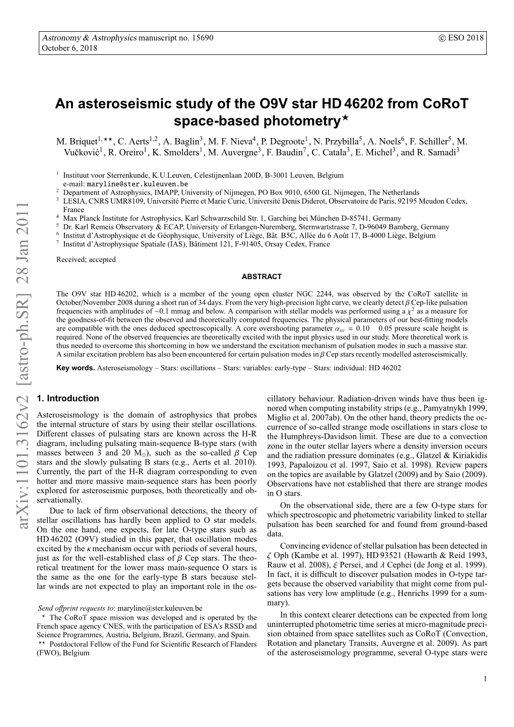 An Asteroseismic Study of the O9V Star HD 46202 from Corot Space