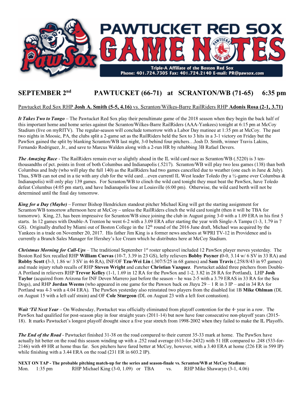 SEPTEMBER 2Nd PAWTUCKET (66-71) at SCRANTON/WB (71-65) 6:35 Pm