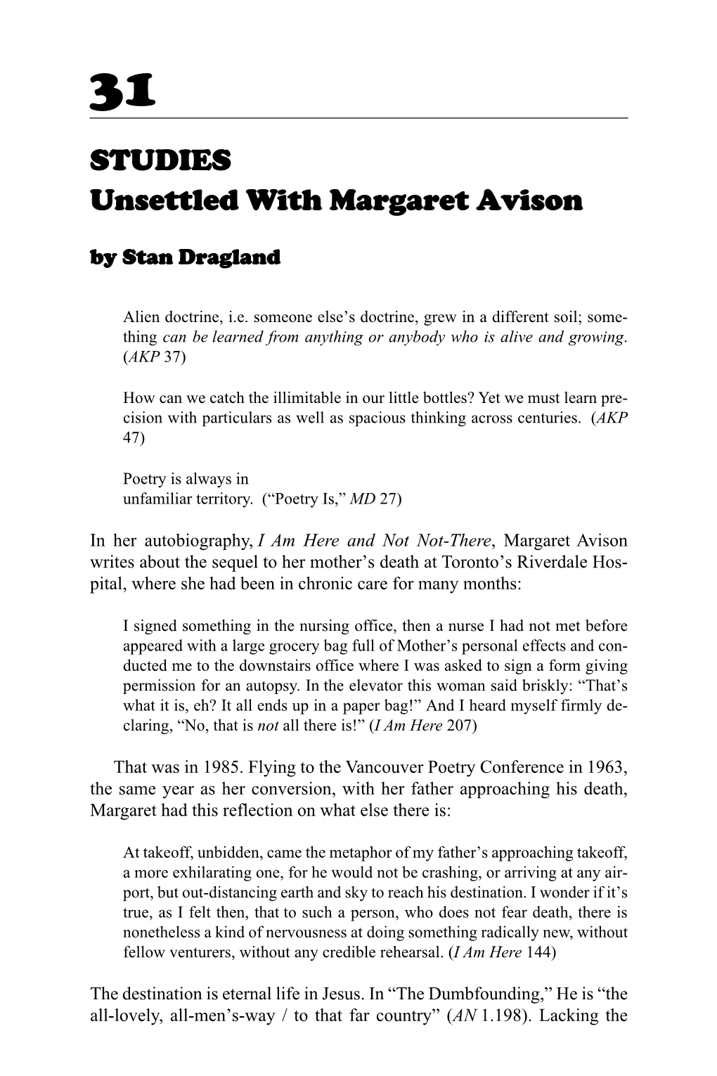 STUDIES Unsettled with Margaret Avison