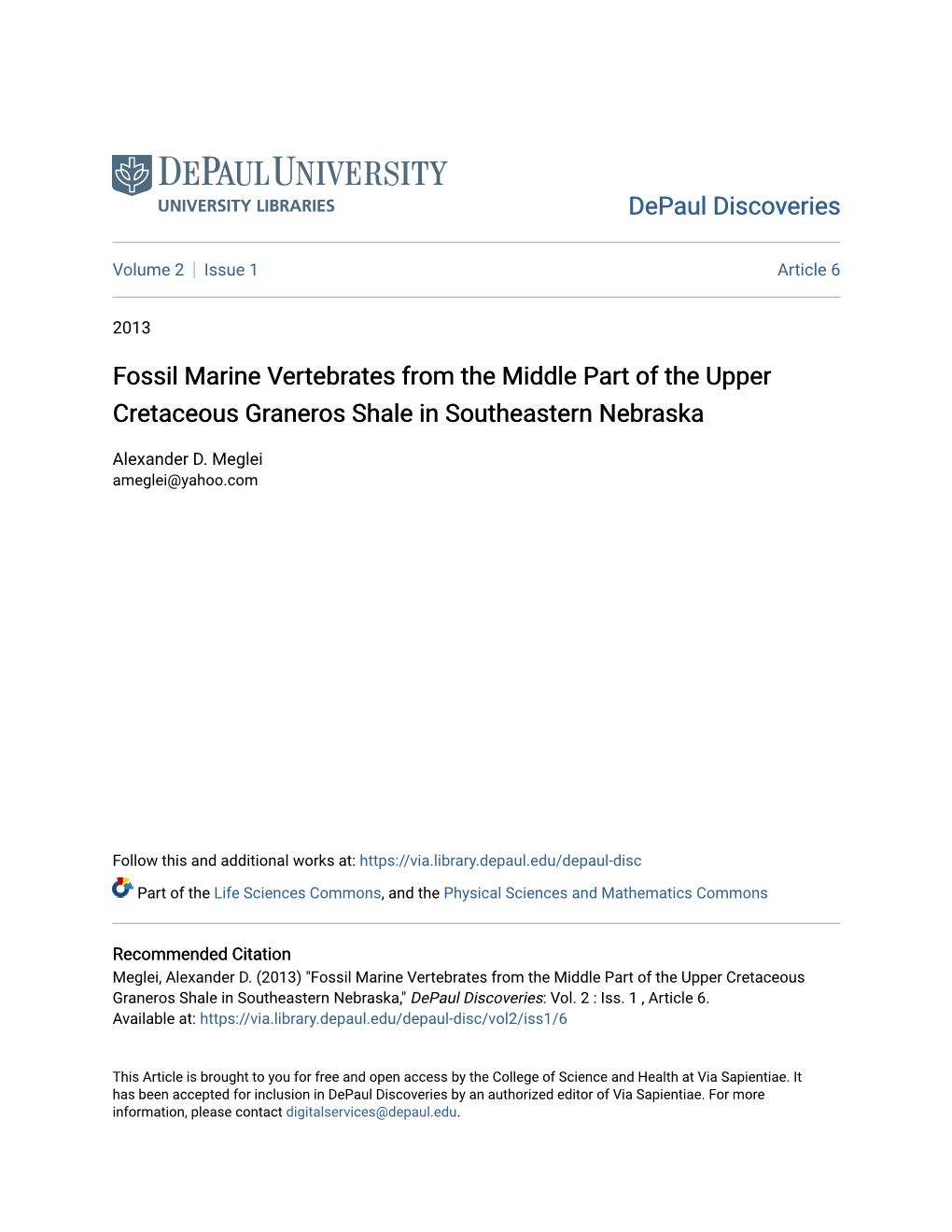 Fossil Marine Vertebrates from the Middle Part of the Upper Cretaceous Graneros Shale in Southeastern Nebraska