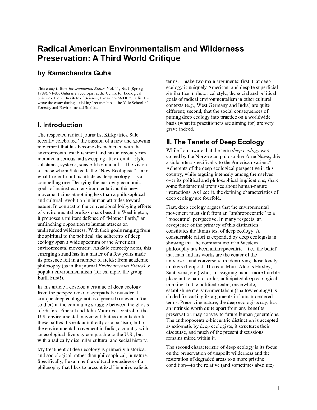 Radical American Environmentalism and Wilderness Preservation: a Third World Critique by Ramachandra Guha Terms