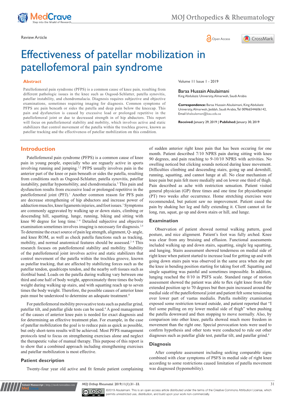 Effectiveness of Patellar Mobilization in Patellofemoral Pain Syndrome