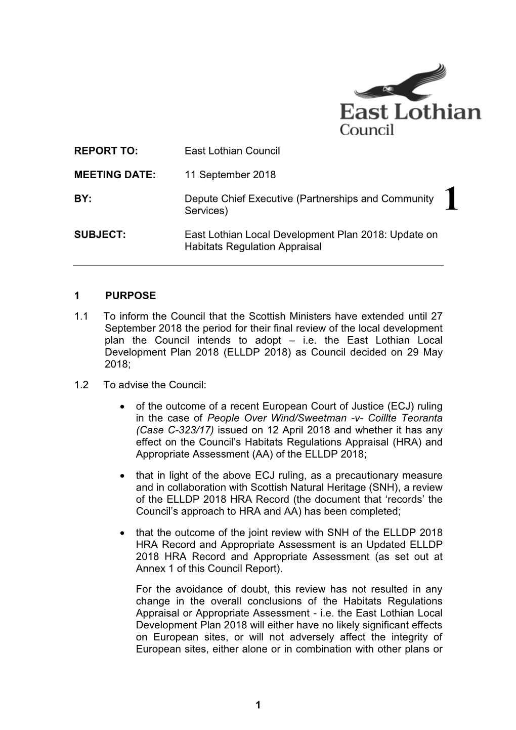 REPORT TO: East Lothian Council MEETING DATE: 11 September