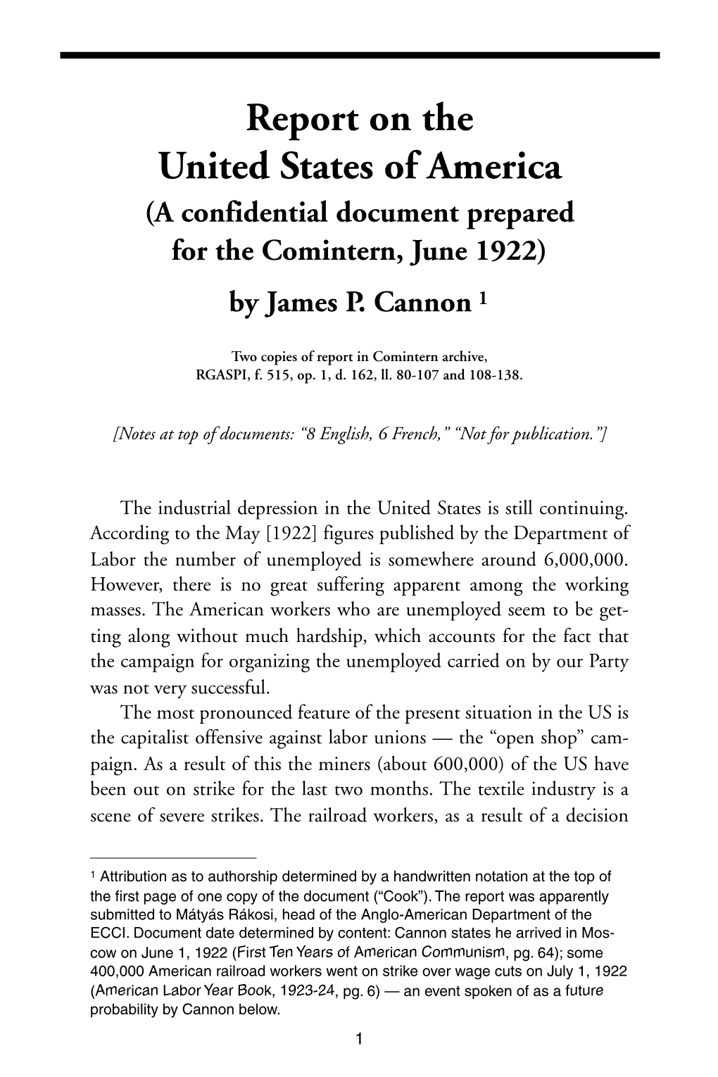 Report on the United States of America (A Confidential Document Prepared for the Comintern, June 1922) by James P