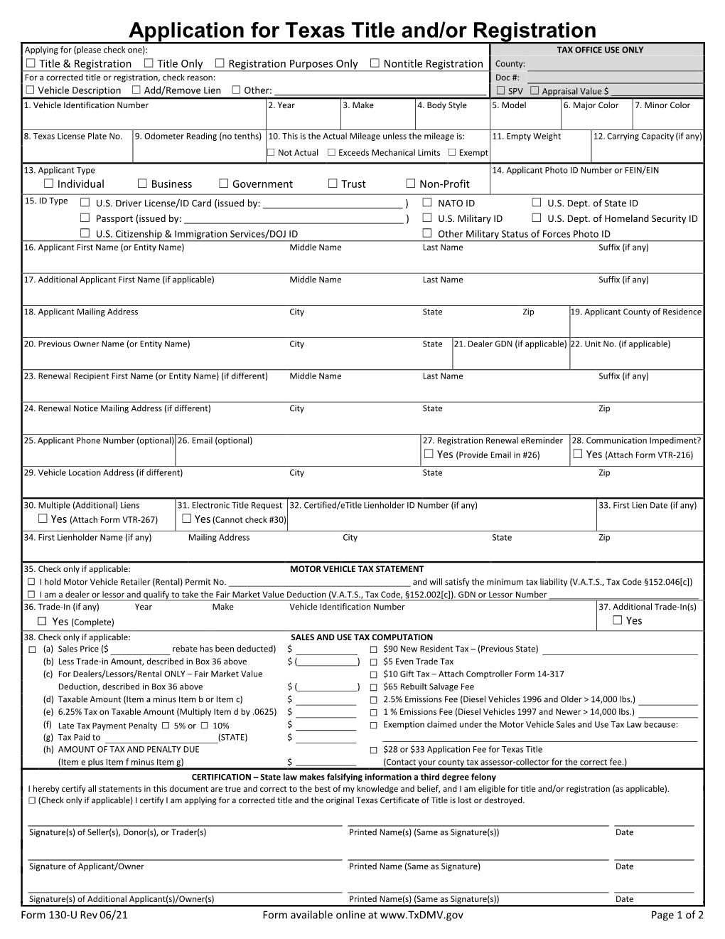 Application for Texas Title And/Or Registration (Form 130-U)