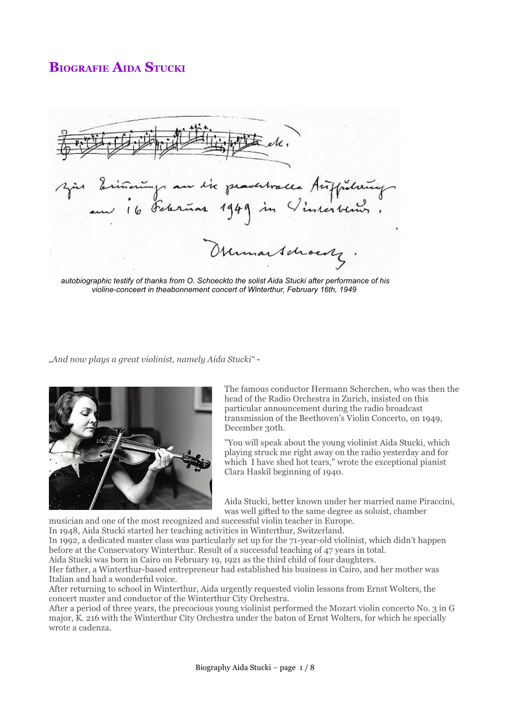 BIOGRAFIE AIDA STUCKI „And Now Plays a Great Violinist, Namely Aida