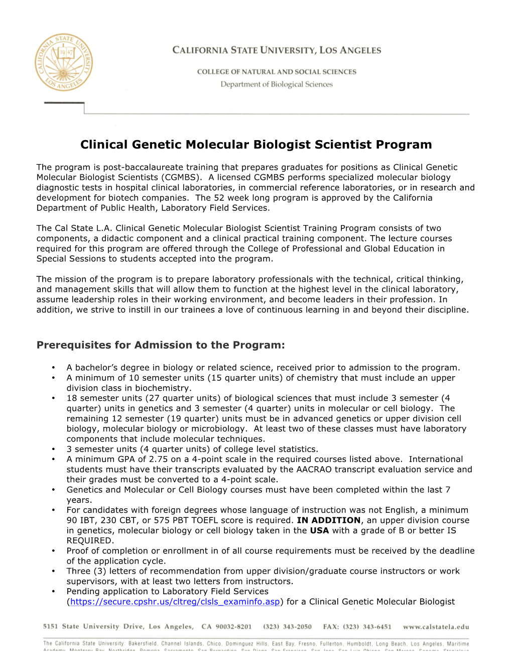 Clinical Genetic Molecular Biologist Scientist Program