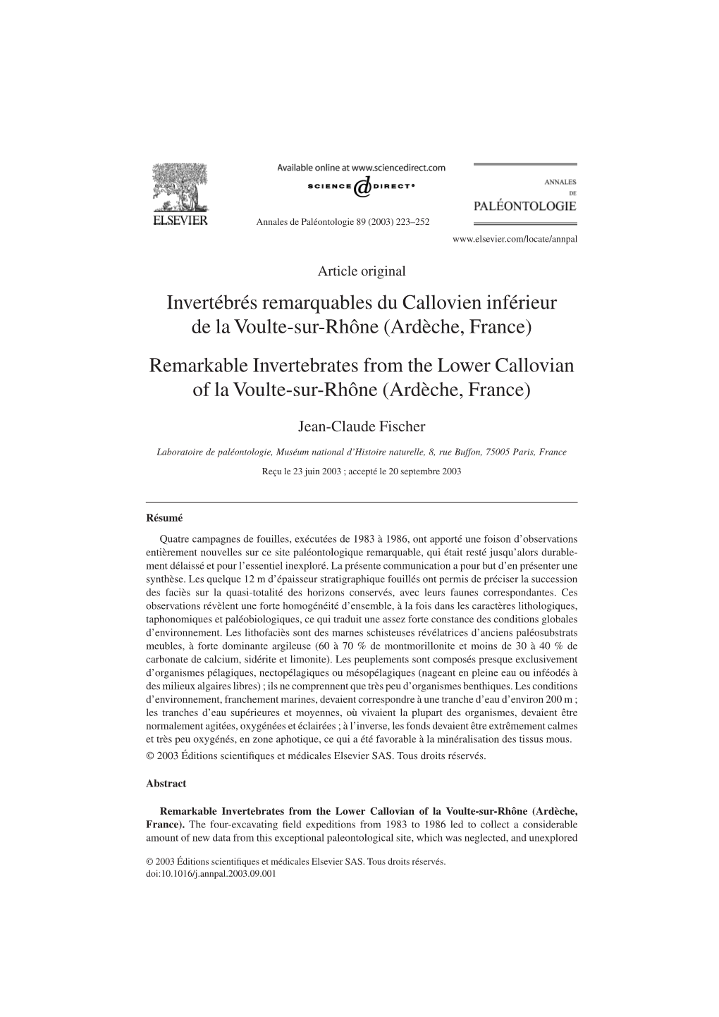 Invertébrés Remarquables Du Callovien Inférieur De La Voulte-Sur-Rhône (Ardèche, France) Remarkable Invertebrates From