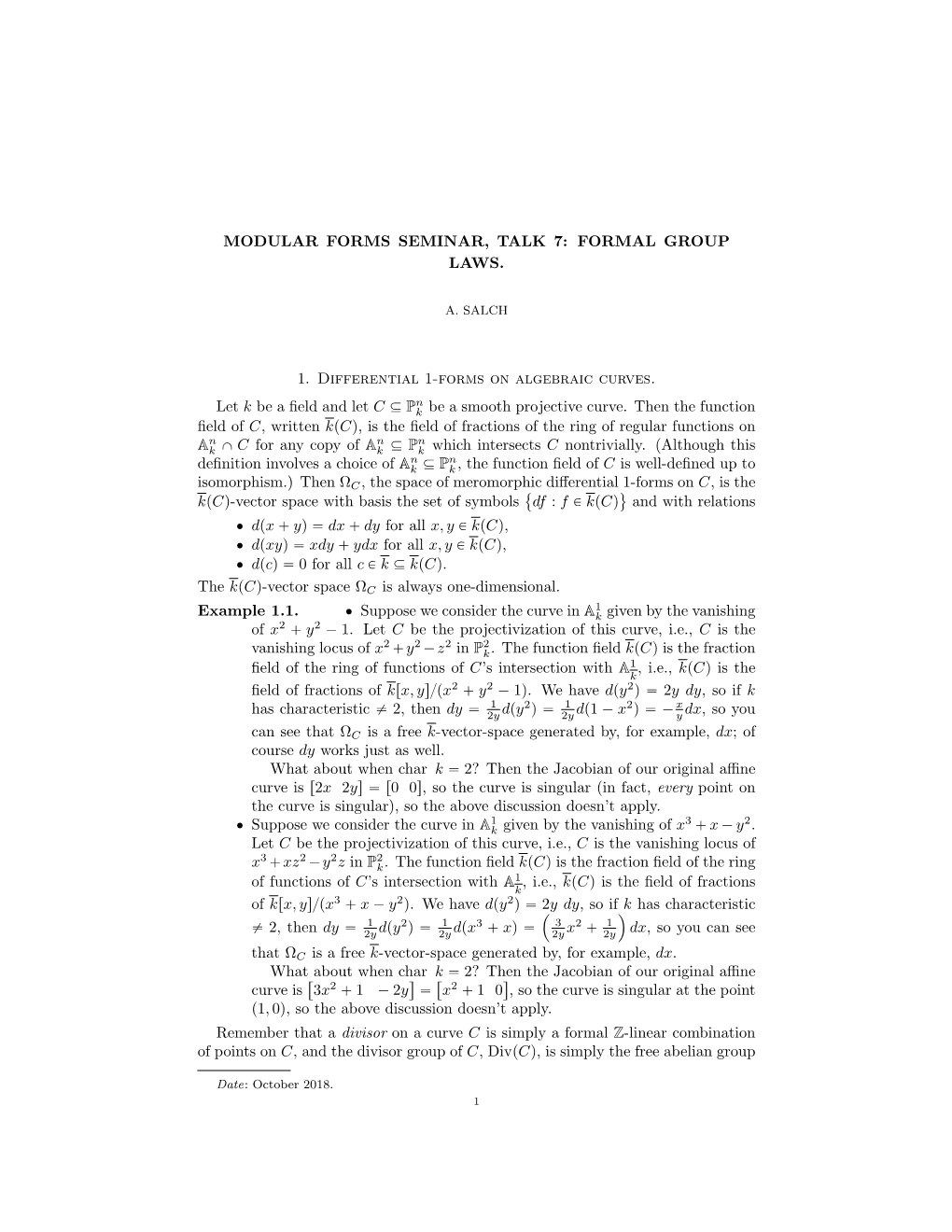 Modular Forms Seminar, Talk 7: Formal Group Laws. 11