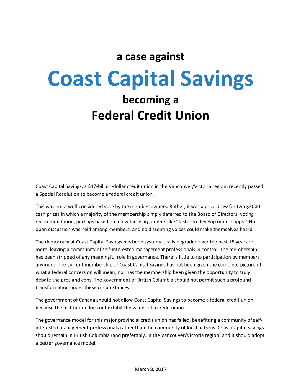 Case Against Coast Capital Savings Going National