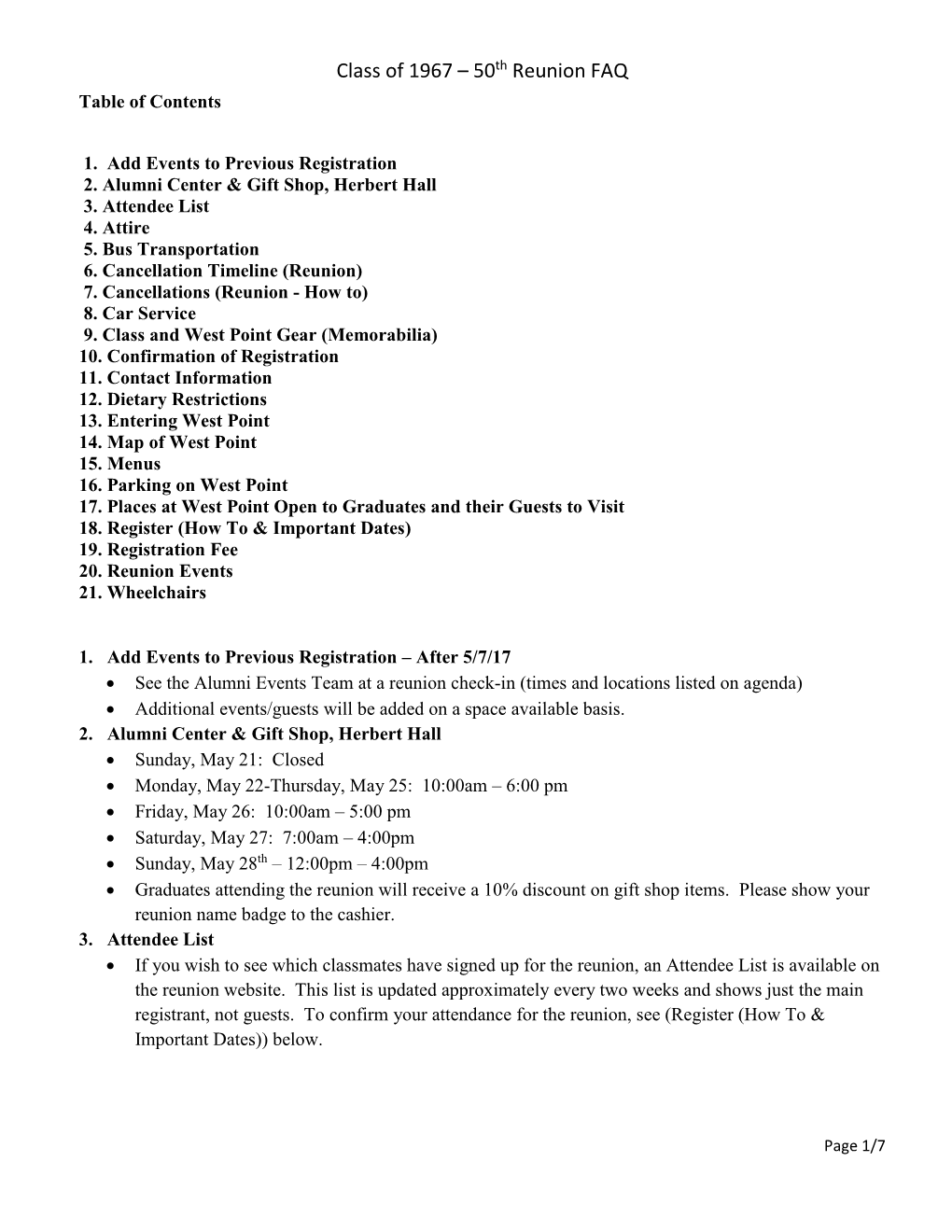 Class of 1967 – 50Th Reunion FAQ Table of Contents