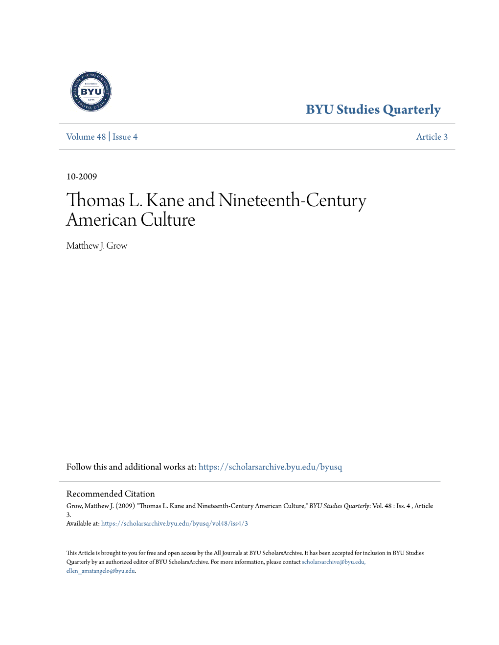 Thomas L. Kane and Nineteenth-Century American Culture Matthew .J Grow