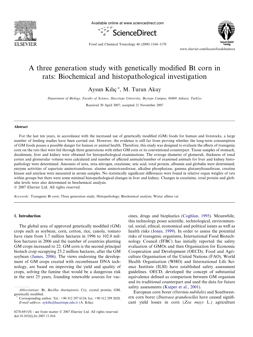 A Three Generation Study with Genetically Modified Bt Corn in Rats