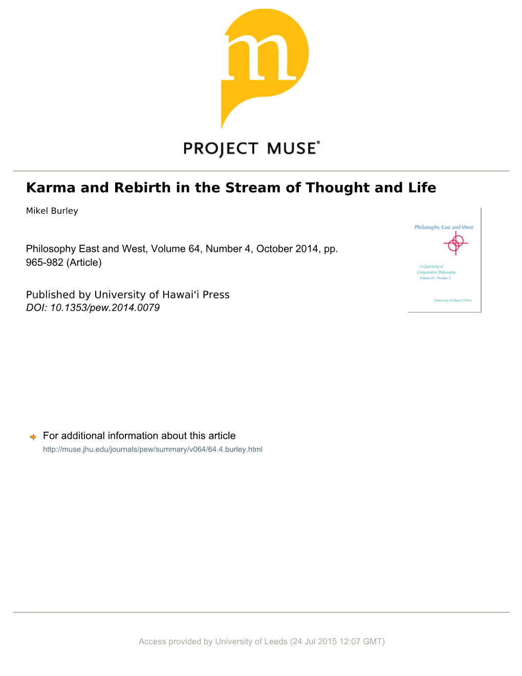 Karma and Rebirth in the Stream of Thought and Life