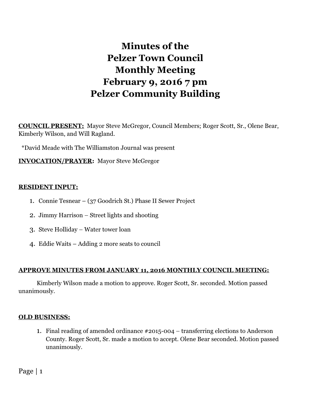 Pelzer Town Council