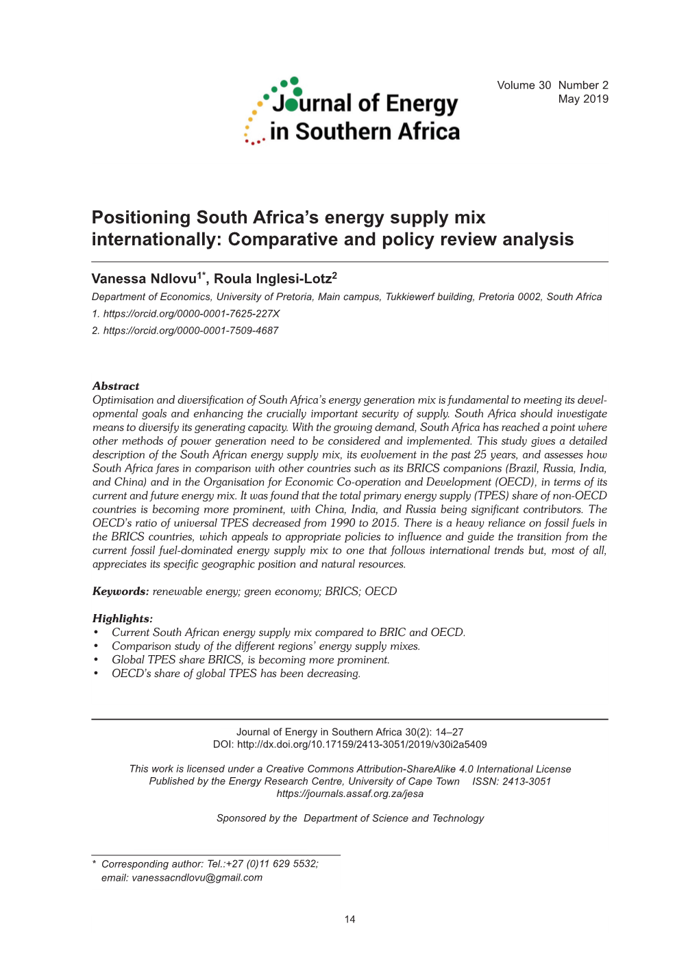 Positioning South Africa's Energy Supply Mix Internationally