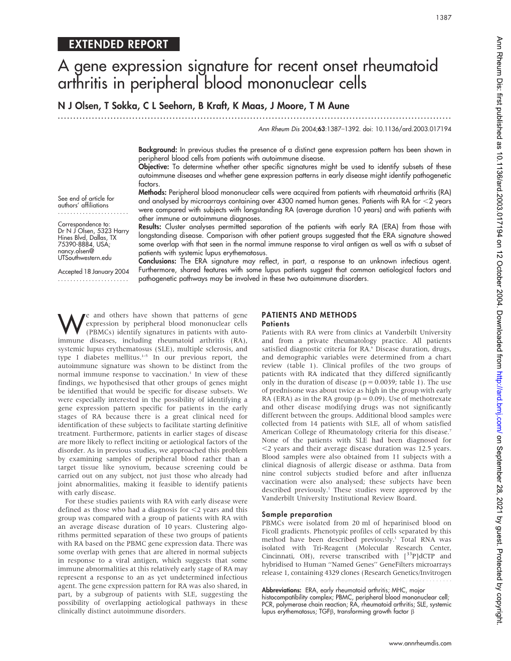 A Gene Expression Signature for Recent Onset Rheumatoid Arthritis In