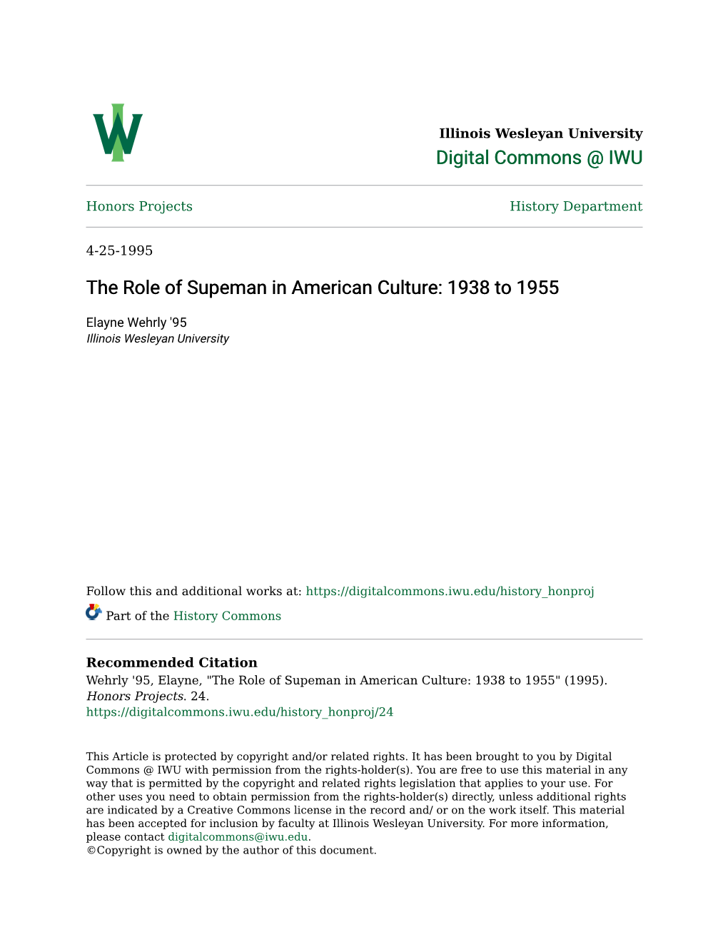 The Role of Supeman in American Culture: 1938 to 1955