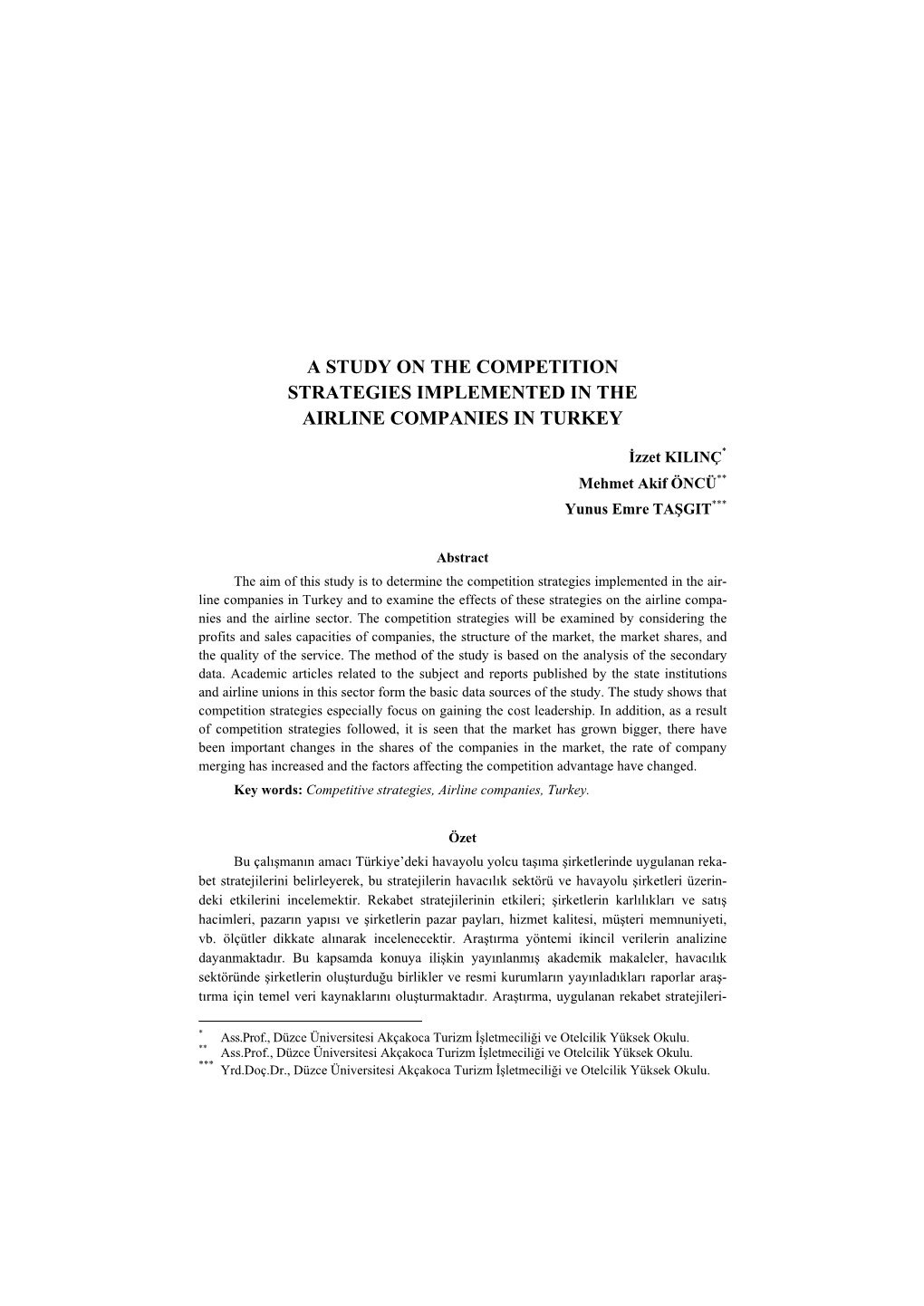 A Study on the Competition Strategies Implemented in the Airline Companies in Turkey