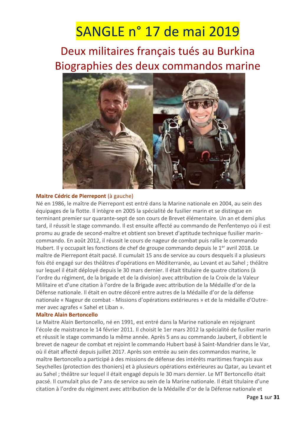 SANGLE N° 17 De Mai 2019 Deux Militaires Français Tués Au Burkina Biographies Des Deux Commandos Marine