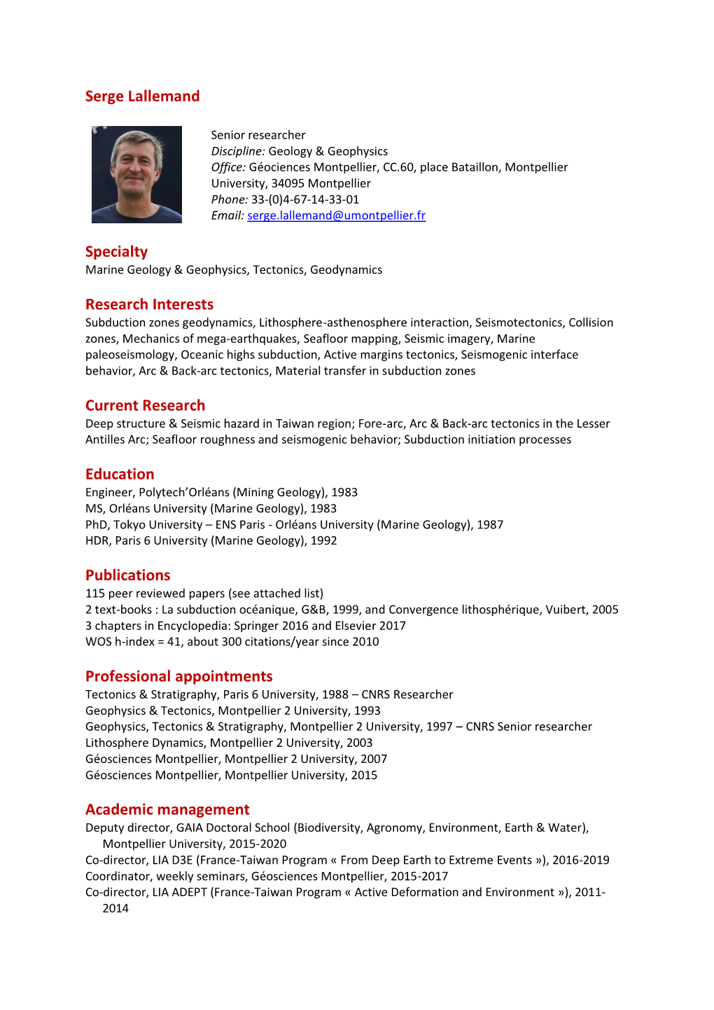 Serge Lallemand Specialty Research Interests Current Research