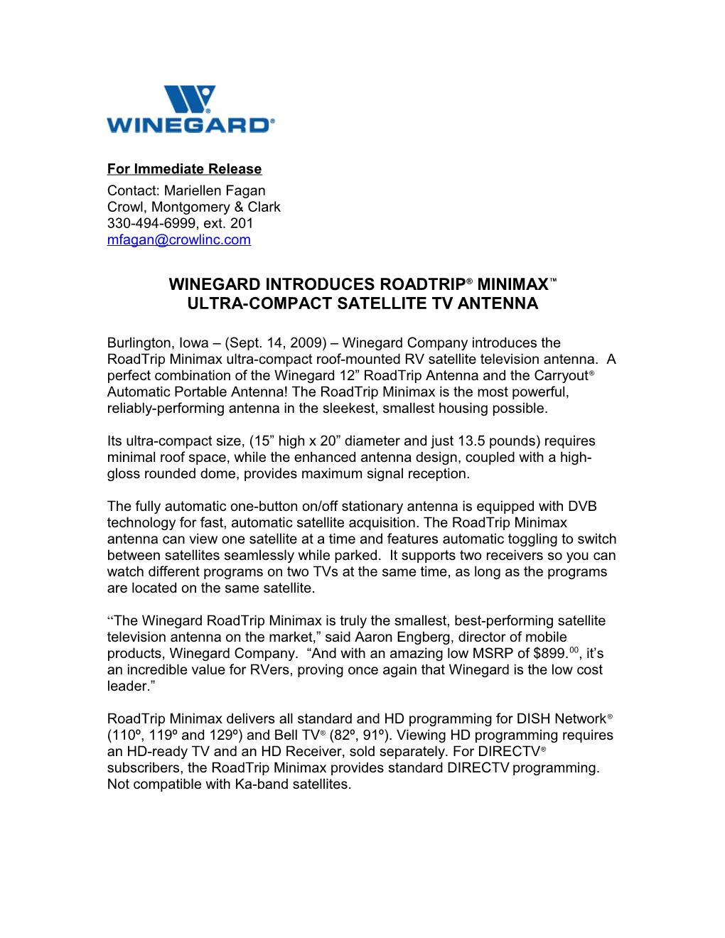 Winegard Introduces Roadtrip Minimax