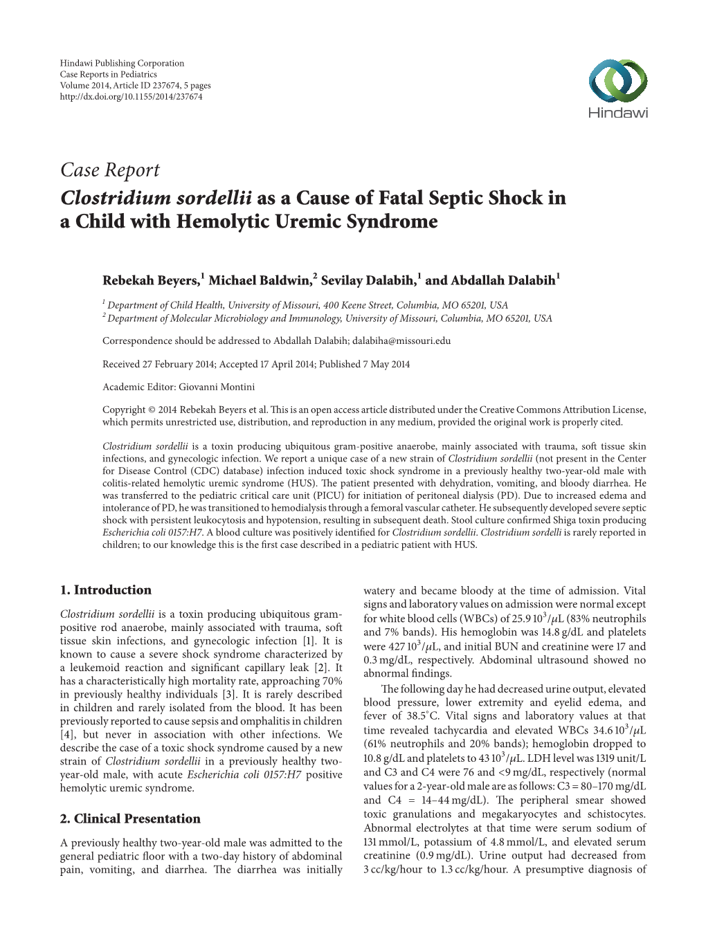 Clostridium Sordellii As a Cause of Fatal Septic Shock in a Child with Hemolytic Uremic Syndrome