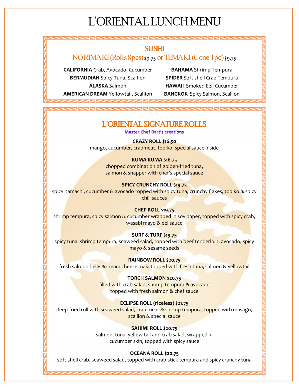 L'oriental Lunch Menu