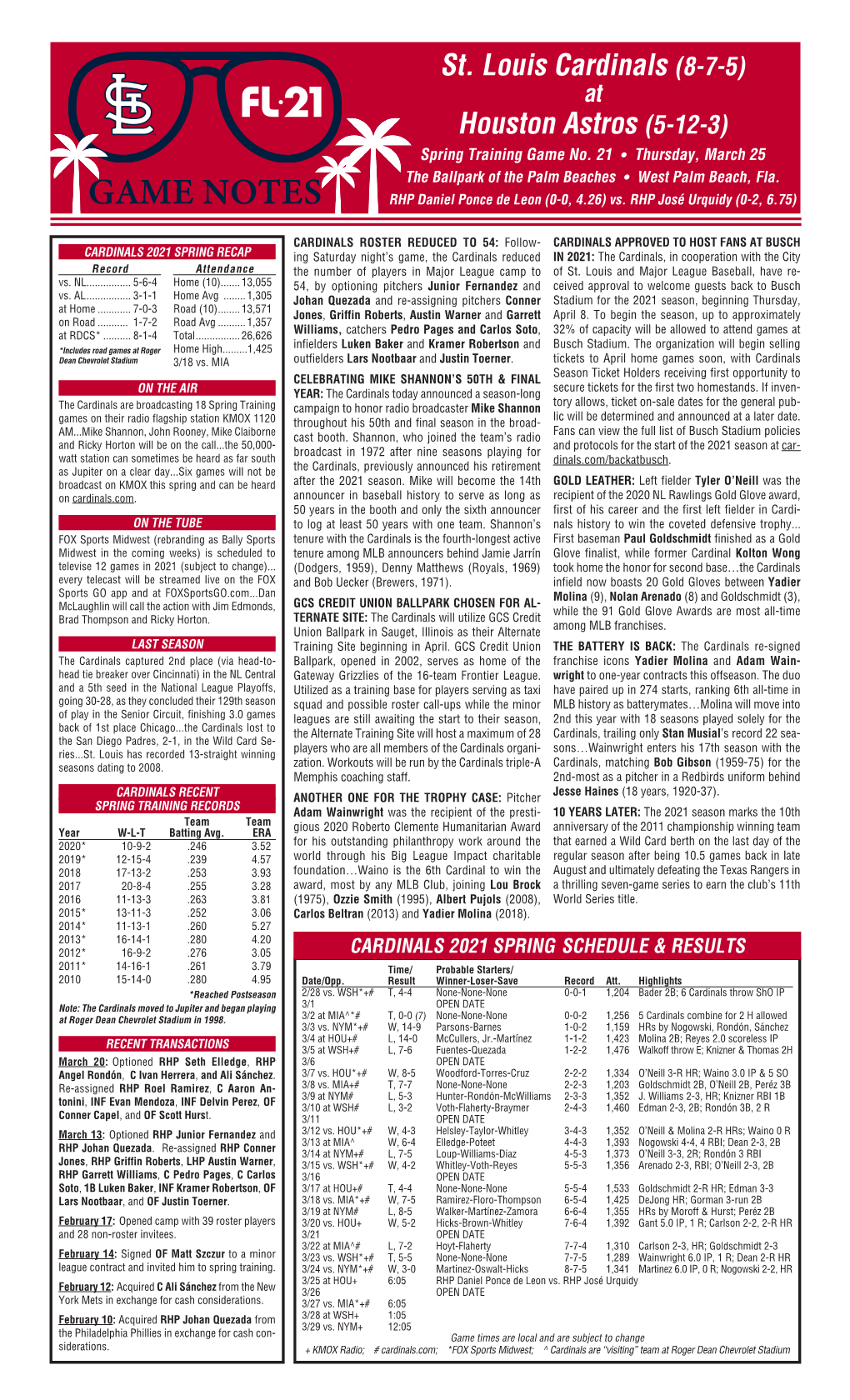 GAME NOTES RHP Daniel Ponce De Leon (0-0, 4.26) Vs