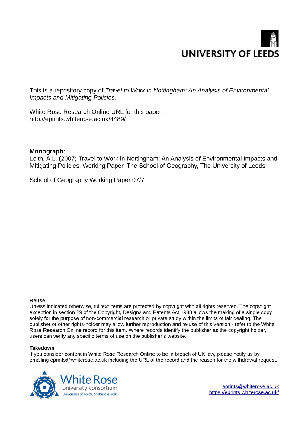 Travel to Work in Nottingham: an Analysis of Environmental Impacts and Mitigating Policies