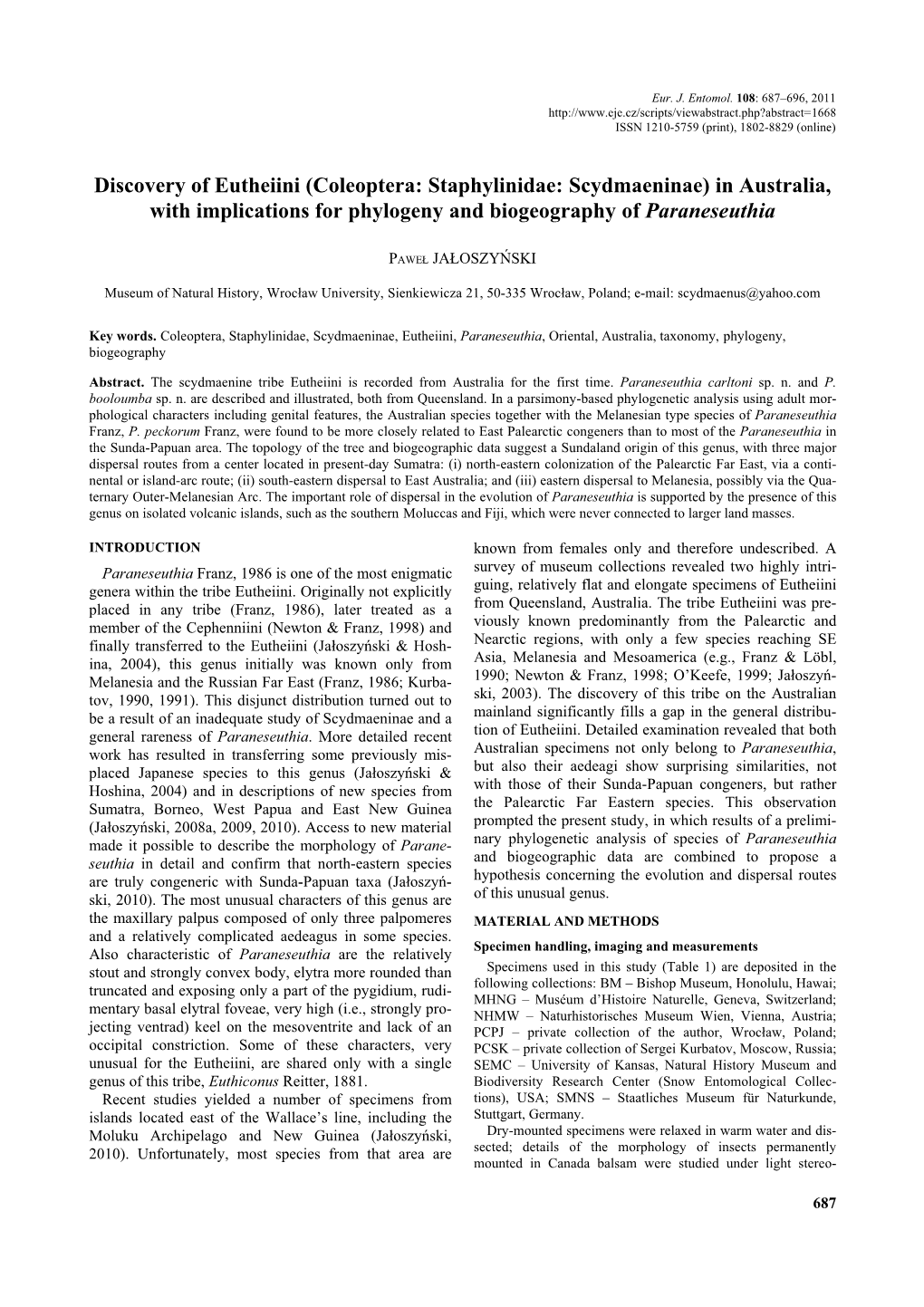 Discovery of Eutheiini (Coleoptera: Staphylinidae: Scydmaeninae) in Australia, with Implications for Phylogeny and Biogeography of Paraneseuthia