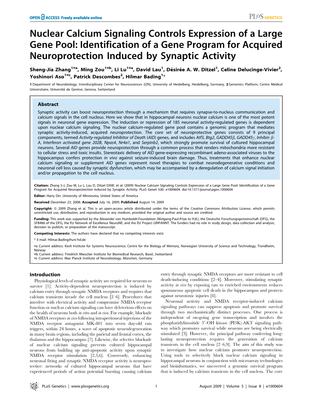 Nuclear Calcium Signaling Controls Expression of a Large Gene Pool: Identification of a Gene Program for Acquired Neuroprotection Induced by Synaptic Activity