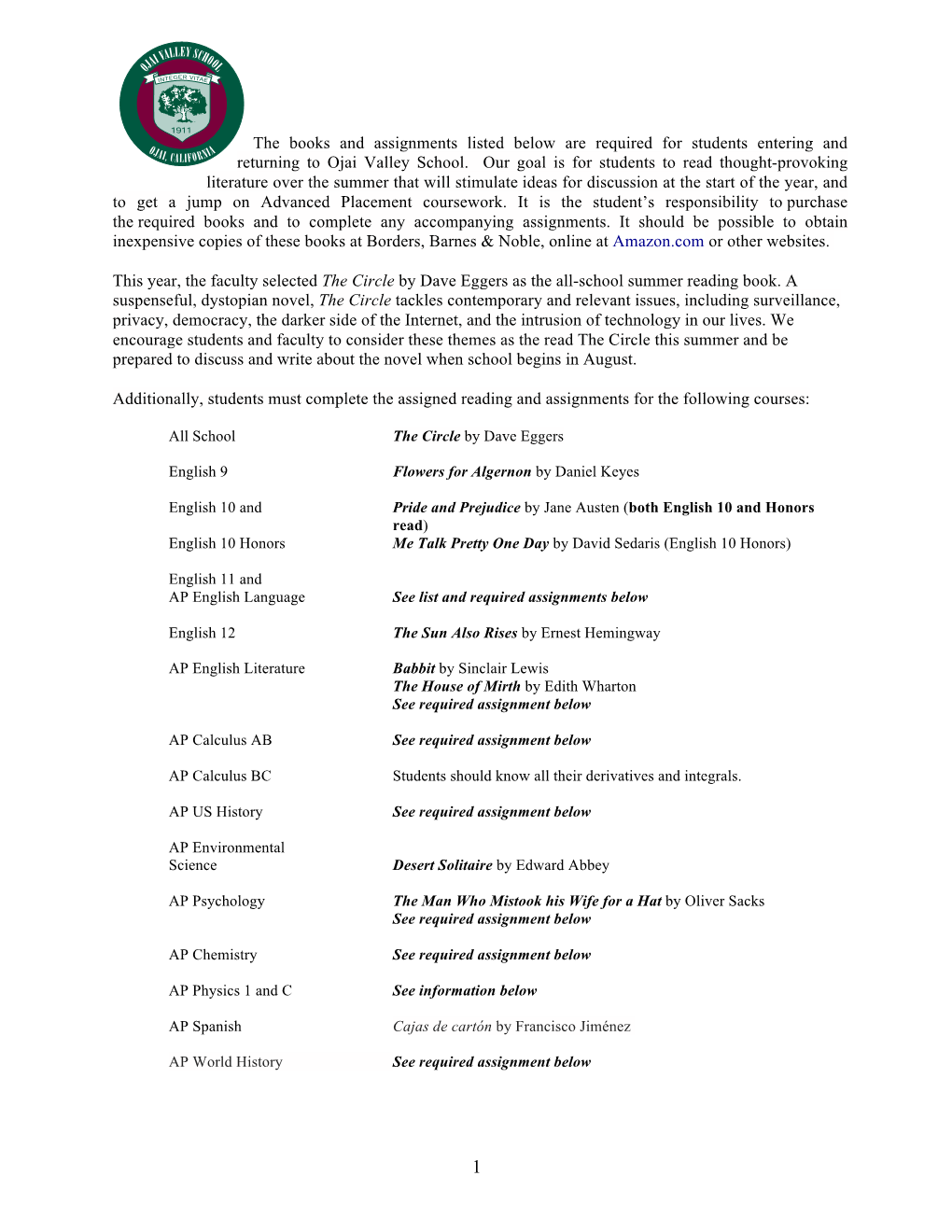 The Books and Assignments Listed Below Are Required for Students Entering and Returning to Ojai Valley School