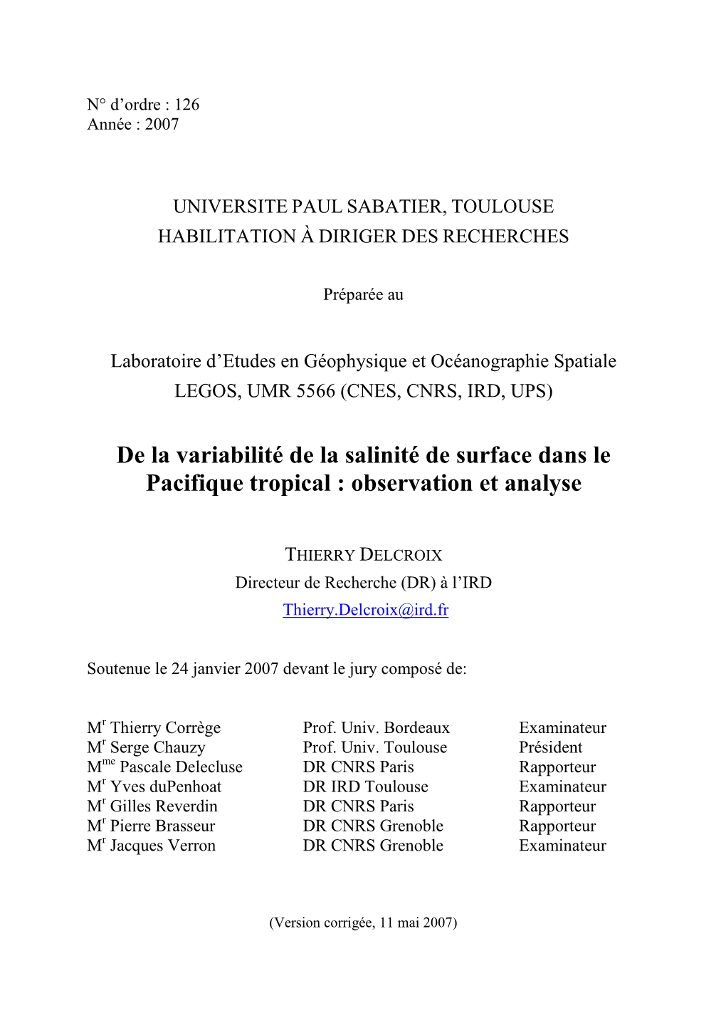 De La Variabilité De La Salinité De Surface Dans Le Pacifique Tropical : Observation Et Analyse