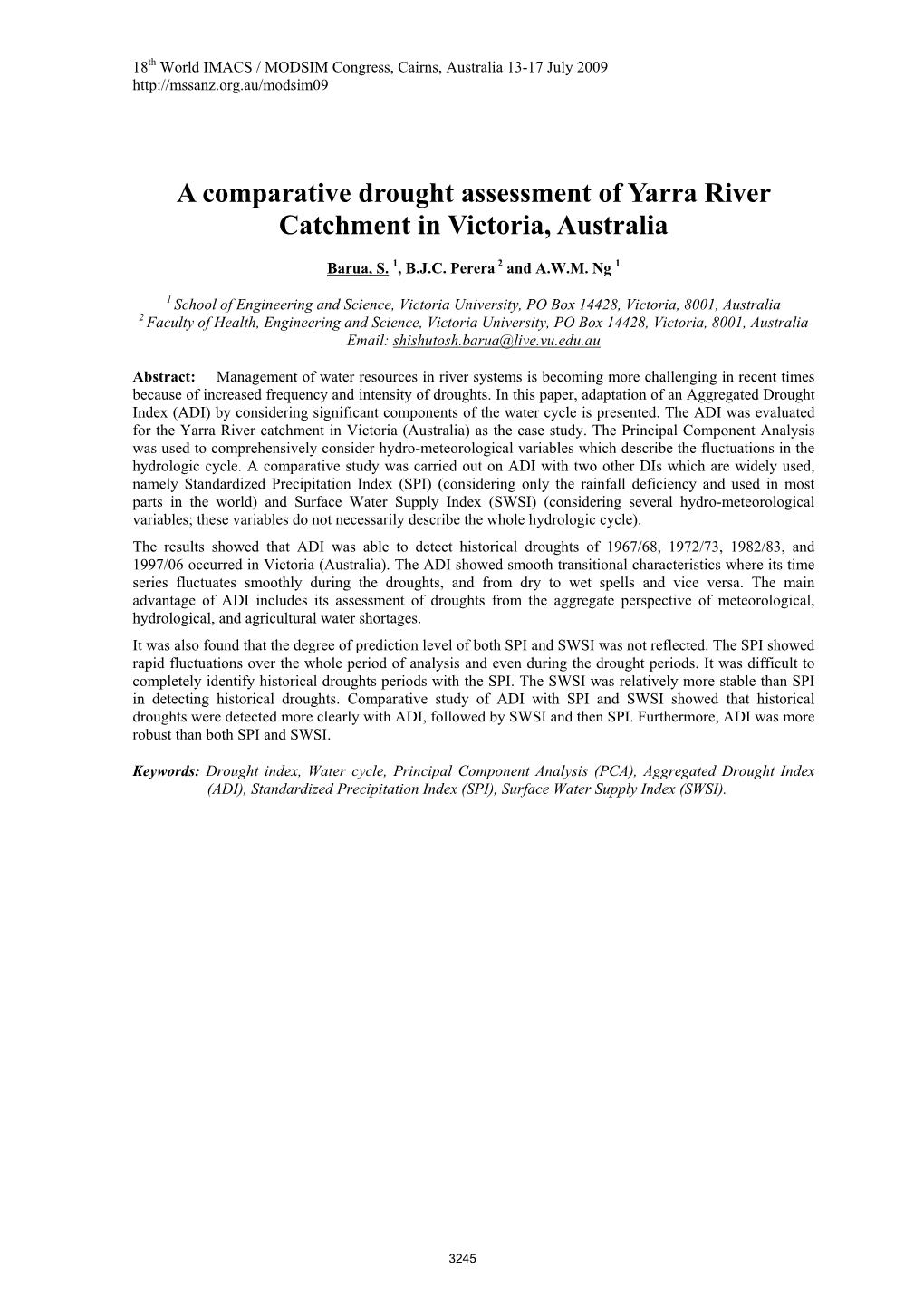 A Comparative Drought Assessment of Yarra River Catchment in Victoria, Australia