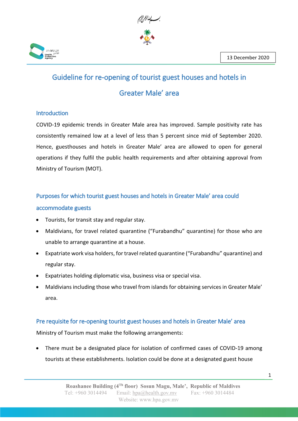 Guideline for Re-Opening of Tourist Guest Houses and Hotels in Greater Male’ Area