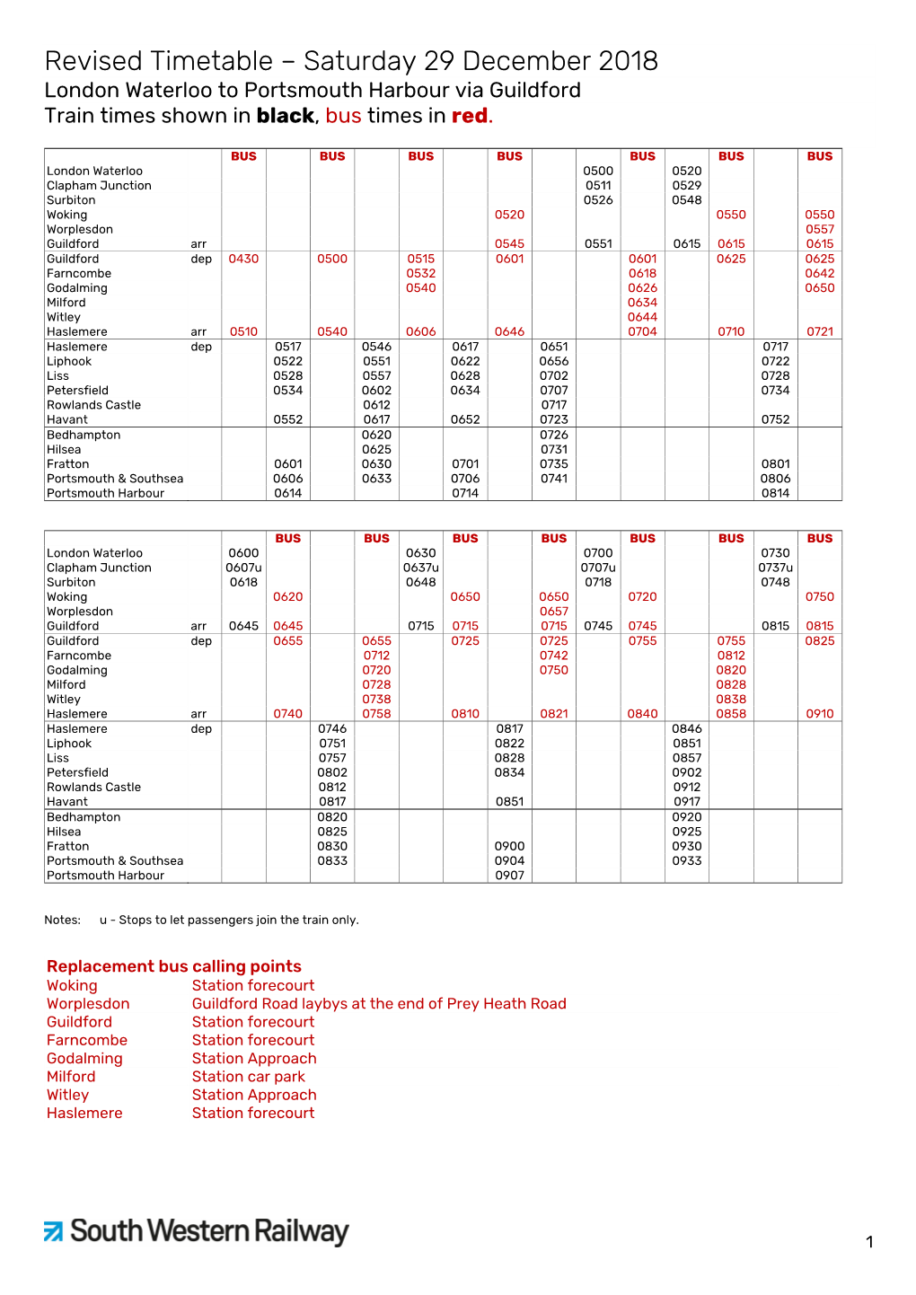 Revised Timetable – Saturday 29 December 2018 London Waterloo to Portsmouth Harbour Via Guildford Train Times Shown in Black, Bus Times in Red