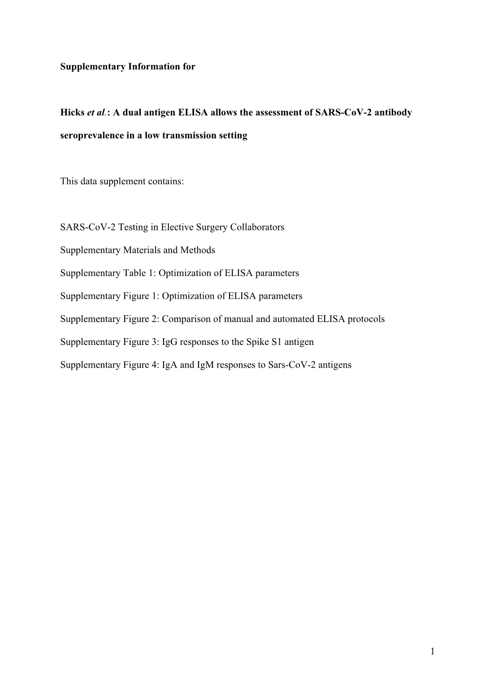 1 Supplementary Information for Hicks Et Al.: a Dual