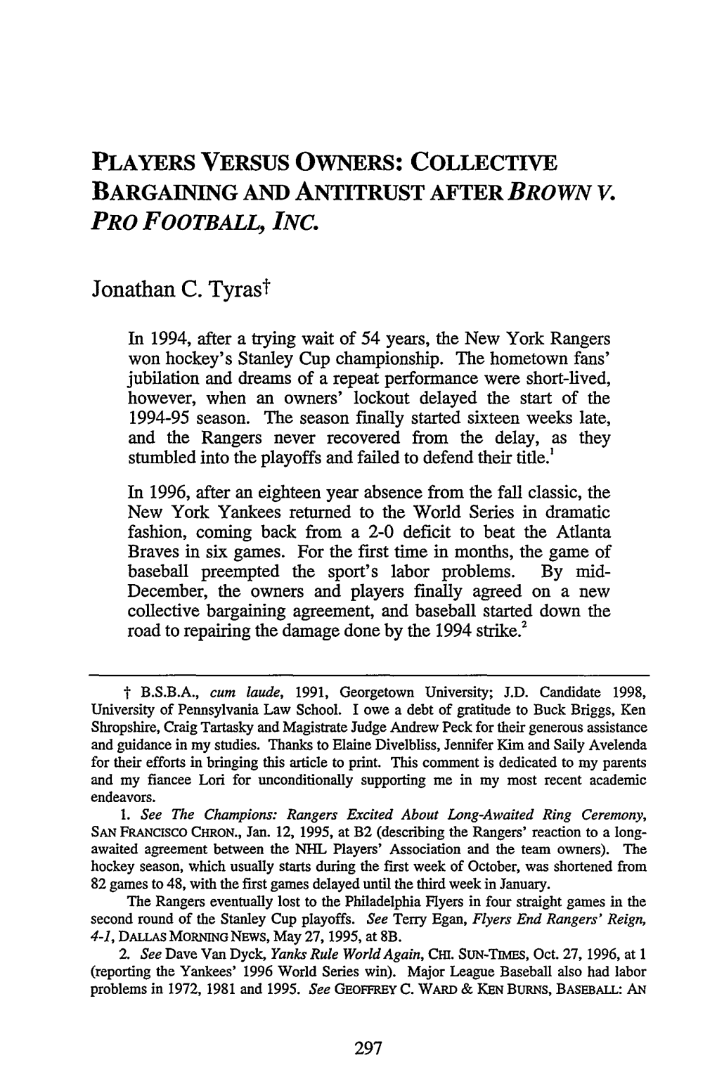 Collective Bargaining and Antitrust After Brown V. Pro Football, Inc