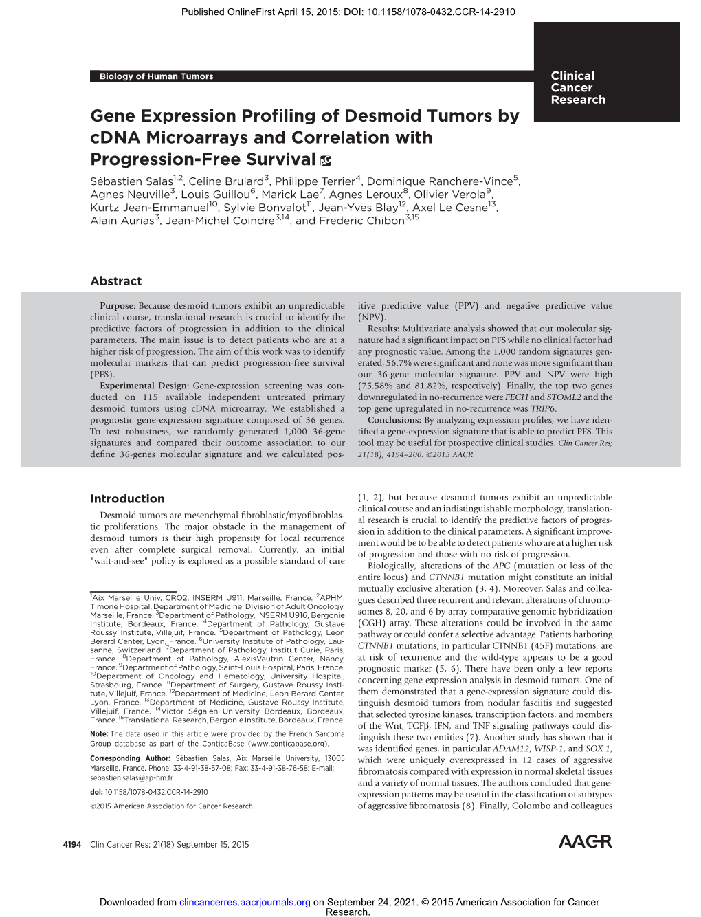 Gene Expression Profiling of Desmoid Tumors by Cdna Microarrays and Correlation with Progression-Free Survival