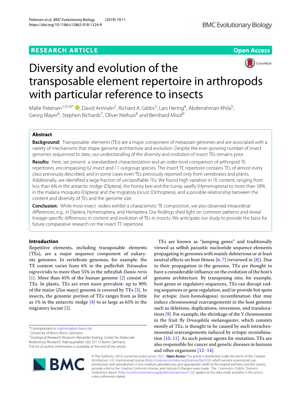 Diversity and Evolution of the Transposable Element Repertoire in Arthropods with Particular Reference to Insects Malte Petersen1,9,10* , David Armisén2, Richard A